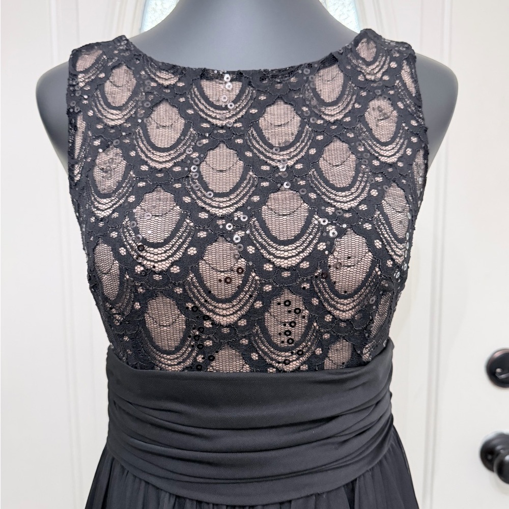 JH Evenings Black Lace Chiffon Cocktail Dress Sequin Bodice V Back Size 6 - Picture 4 of 12